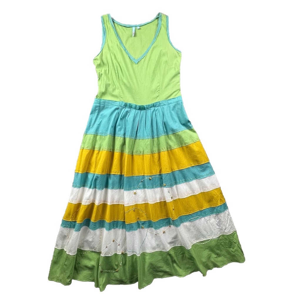 Aquarius Anthropologie 2 Dress Green Blue Tiered Colorblock Embroidered Cotton